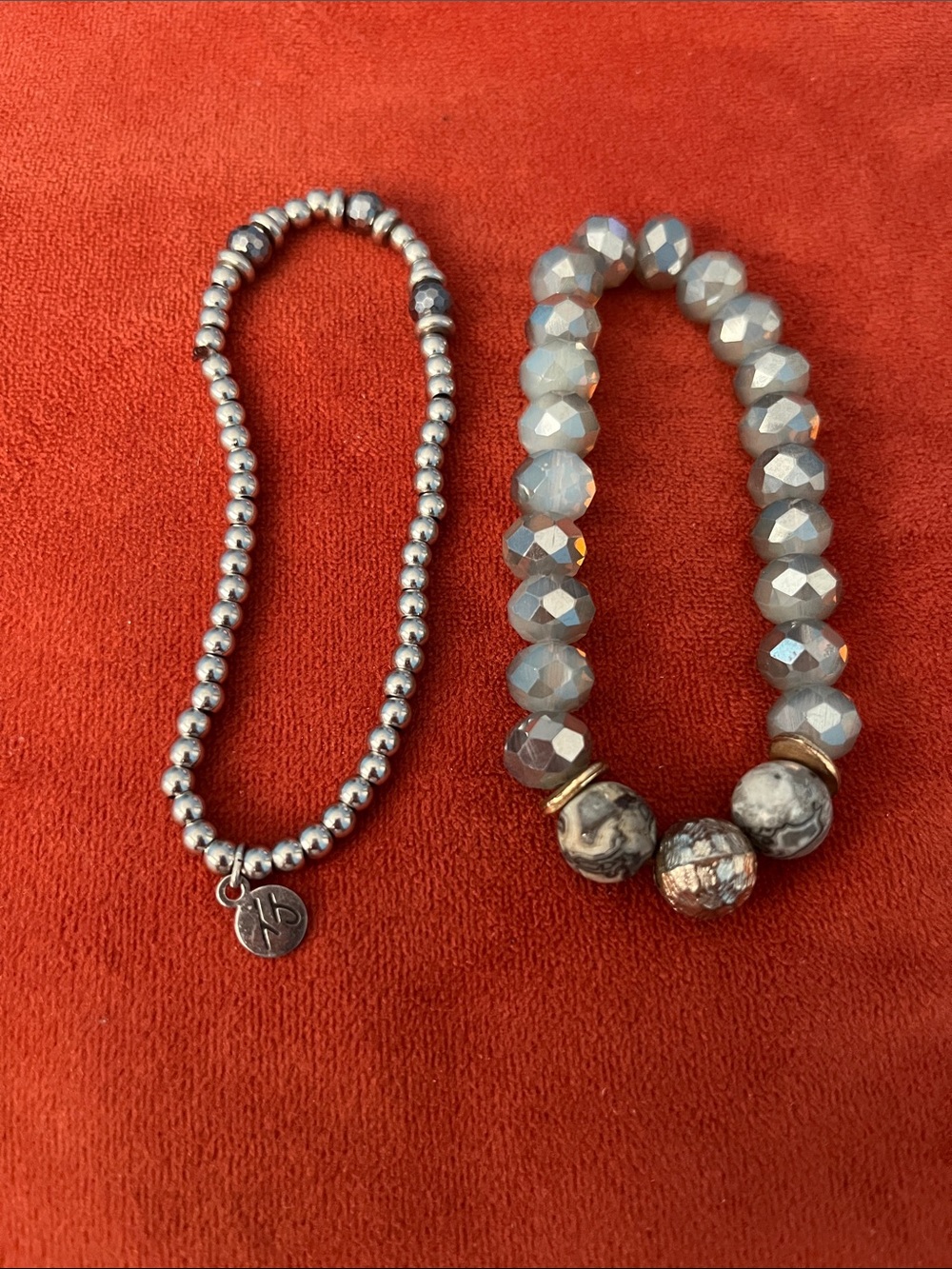 Bundle of Silver Beaded Stretch Bracelets - Gray Accent Beads